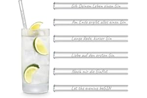 HALM Glasstrohhalme Gin Geschenkset 6 lustige Sprüche auf 20 cm Glas Strohhalmen graviert in Deutsch Glastrinkhalme als Gin Tonic Geschenk