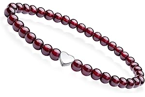 J.Endéar Natural Gemstone Bracelet 5mm Garnet Beaded Stretch Bracelet with 925 Silver Heart Pendant and Heart Bracelet