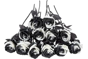 Laelfe 12 Pièces Fleurs de Roses Artificielles Noir et Blanche, Longues Tiges Fausse Roses en Soie pour Bouquet de Mariée Douche Nuptiale Décorations de Jardin à la Maison (Noir et Blanche)