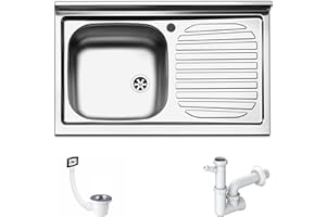 FHULLER Lavello da Appoggio Inox 80x50 cm – 1 Vasca SX con Gocciolatoio DX, Acciaio Inossidabile AISI 304 18/10, Monostampo, con Pilette, Sifone e Ganci di Fissaggio, Foro Rubinetto Preforato Ø 3,5 cm