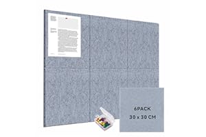 BRAVOFORGE Large Felt Bulletin Board, 6 Pack 30 x 30 cm Grey Pin Notice Board with 30 Pushpins and 36 Safe Removable Adhesive Tabs, Cork Boards Alternative, Felt Wall Tiles for Wall, Home, Office（Grey）