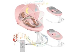FINEFIZZ Electric Baby Swing Chair, Baby Bouncer Chair with Bluetooth Music Player & Remote Control & 4 Speeds & 4 Timers, Removable Seat Cushion for All Seasons