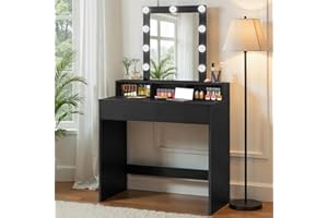 VASAGLE KAILYN Collezione - Toeletta, Luce LED Regolabile a 3 Colori, Tavolo da Trucco con Specchio, 2 Cassetti e 3 Scomparti, Postazione Trucco, Moderno, Nero RDT114T16