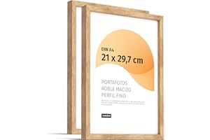 JUNOMI® Set de 2 marcos de fotos Premium de roble DIN A4 (21x29,7cm) – Madera auténtica, cristal sintético inastillable, perfil estrecho, diseño minimalista, uso vertical u horizontal