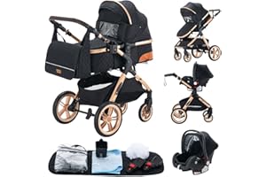 GLOKID Poussette 3 en 1，Poussette Canne，Trio，Avec Siège Accessoires，Adaptateurs Universels，Landau Bébé jusqu'à 25 kg，4 roues avec amortisseurs，Nacelle，Grandes Roues，pliage d'un clic (XX1 Noir)