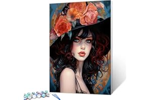 Tucocoo Fashion Female Paint by Number for Adults, DIY Oil Painting Kits on Canvas with Brushes and Acrylic Pigment, Beautiful Woman Portrait Flower Hat Picture for Home Decor 16x20 inch (Frameless)