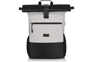 RJEU Plecak Rolltop dla kobiet i mężczyzn, plecak na laptopa na laptopa 17,3 cala, plecak wodoodporny i antykradzieżowy, plecak szkolny dla nastoletnich dziewcząt i chłopców z portem ładowania USB do pracy, uniwersytetu, podróży, plecak sportowy (czarny szary-26L)