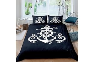 Homewish Set biancheria da letto con ancoraggio nautico, copripiumino matrimoniale modello barca a vela oceano blu marino, con bussola costiera, motivo oceano blu, con cerniera