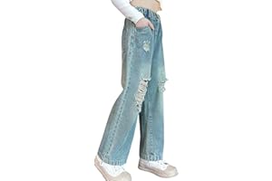 Panegy Ripped Jeans for Girls High Elastic Waist Baggy Casual Wide Leg Denim Jeans Fashion Washed Trousers with Pockets Stretchy Vintage Pants Age 5-15 Years