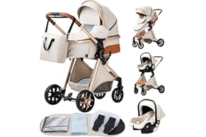 YAZOCO Pram 3-in-1 Buggy Baby Bed Complete Set One Click Foldable Pram Combination Pushchair Aluminium Frame for Newborn Seat Accessories (4 Cream)