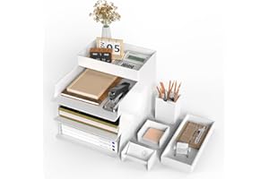 Otoomenz 4 Tier Plastics Desk Organiser Letter Tray, Stackable A4 Filing Trays, Office Desk File Rack, Tidy File Document Letter Paper Organiser with Pen Holder Business Card Sticky Note Organiser