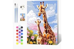 Auremi Kit Girafe peinture par numéros avec cadre bois–Animaux Peinture par numéros 20x30 cm pour adulte débutant–Idée cadeau originale relaxante–Activité manuelle créative et décorative
