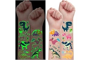 Leesgel Tatuaggi Dinosauri per Bambini, 30 Fogli Luminosi Tatuaggi Temporanei Stickers Trasferelli, Accessorio per Regali Fine Festa, Giochi, Pignatta e Gadget Compleanno Bambini