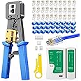 Excefore RJ45 Crimp Tool Kit with Pass Through Connectors - Cat5/5e/Cat6 Ethernet Cable Crimper, Network Tester, and Wire Stripper Set, 30PCS 1.1mm CAT6 Connectors & Covers Included