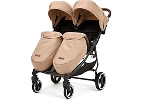 Ickle Bubba Venus Double Max Stroller – Compact, Lightweight Foldable Twin Pushchair for Twins or Siblings, Suitable from Birth to 15kg (Approx. 3 Years) (Biscuit)