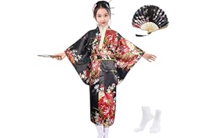 KRUIHAN Kimono Japoński Dziewczyny,Szata Yukata Tradycyjny Japoński Styl Japoński,Satynowa Szata,Kostiumy Cosplay,Sukienka na studniówkę,Szata Spa Dziewczyna,z składany wentylator i skarpetki Tabi