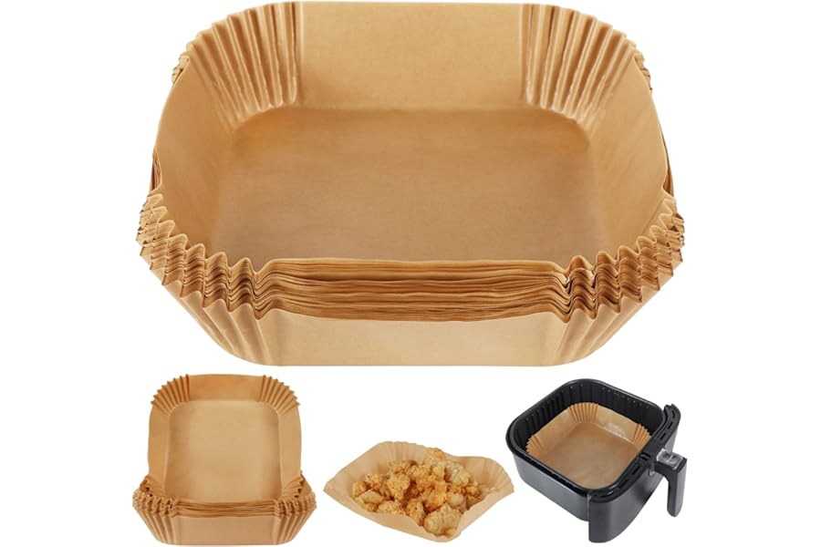BYKITCHEN Air Fryer Parchment Paper Liner, 50PCS Square Air Fryer Liners Disposable, Greaseproof Paper, Compatible with COSORI, Ninja, Tefal, Russell Hobbs Fryers (Unbleached)