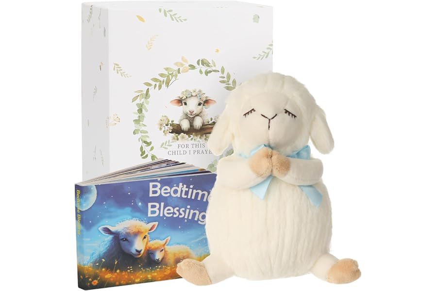 Sawnfay Baptism Gifts for Boys, Baptism Gifts and Newborn Baby, Christening Gifts Set, 7" Praying Lamb Plush Toy and Bedtime Blessing Board Book in Keepsake Gift Box