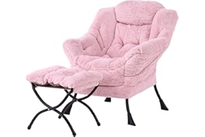 YOTATING Comfy Armchair with Footstool, Lazy Chair with Ottoman Leisure Accent Chair Relax Lounge Chair with Armrests & Side Pocket for Living Room, Bedroom & Small Spaces Armchair, Plush Pink