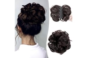 LARFRAECY Claw Clip Messy Bun Hairpiece Synthetic Fake Hair Ponytail Curly Wavy Hair Bun Scrunchy Scrunchie Hair Extensions Stretch Hair Combs Clip for Women Ponytail Updo Hair Donut Chignon (Brown-black)
