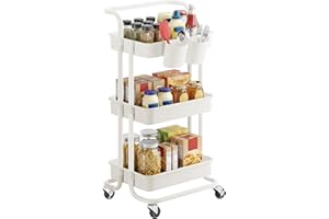 SONGMICS 3-Tier Storage Trolley, Rolling Trolley with Handle, 2 Small Organisers, Steel Frame, Plastic Baskets, Utility Cart, Easy Assembly, for Bathroom Laundry Room, White BSC067W01