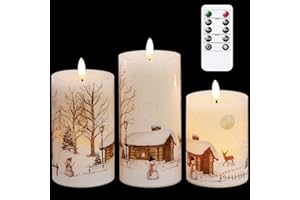 Eldnacele Flameless Flickering Christmas Snowman Fake Candles with Remote 3D Wick Snow Scene Decal Real Wax Candles Lights Led Flames for Christmas Home Decoration Powered by 2 AA Batteries, 3 Pack