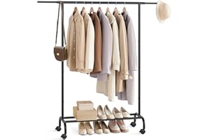 SONGMICS Stand Appendiabiti con Ruote, Attaccapanni Estensibile in Metallo, con Ripiano Portaoggetti Rialzato, 40 x (83-120) x 156 cm, Portata Totale 45 kg, Nero Inchiostro HSR134B01