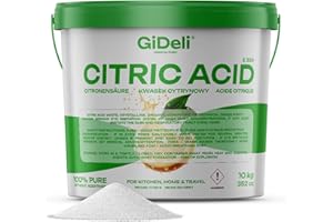 GiDeli Acido citrico per uso alimentare in polvere monoidrato 10.000 g di cristalli E330 puri, qualità detergente, disincrostante acido, non zuccherato in secchio richiudibile, 10 kg