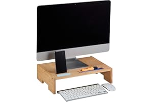 Relaxdays Bambusowy stojak na monitor, 3 przegródki, podwyższenie ekranu, biurko, pod monitor, wys. x gł.: 10,5 x 41 x 28 cm, naturalny, 100%