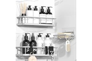 YASONIC 3 Pezzi Mensola doccia senza foratura, portaoggetti doccia con 4 ganci removibili, Organizer bagno con Portasapone doccia, Autoadesivo Mensole Bagno Organizzatore, Argento