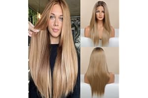 VEBONNY Ombre braune Lace-Front-Perücken für Frauen Gerade Haare Perücken mit Wurzeln Mittelscheitel klebstofflose Perücke 20 Zoll VEBONNY-038-NEU