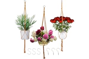 CHYGER Macrame Plant Hangers Planter Flower Pots Holder 3 Pack Basket Stand Tassels with 6 Hooks Kit Cotton Rope for Decorative Indoor Outdoor Patio Garden Boho Home Décor (POTS NOT Included) (BROWN)
