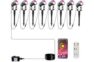 Arotelicht 8pcs Garden Spike Lights, IP65 Waterproof LED RGB+Warm White Color Changing COB Landscape Spotlight Mains Powered, Pathway Lights with Ground Spike, 2100LM for Outdoor Garden, Lawn