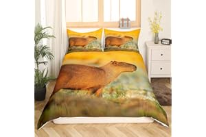 HOMEWISH Braun Capybara Bettwäsche 135x200 135x200,Coole Capybara Bettwäsche Set für Kinder Jungen Mädchen,Maus Nagetier Tier Bettbezug Natürliche Wildlife Landschaft Bett Set,Capybara Liebhaber Raumdekor