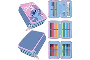CERDÁ LIFE'S LITTLE MOMENTS Estuche Escolar Infantil de Stitch - Color Rosa - Cierre de Cremallera - 12,5 x 6,5 x 19,5 cm - Triple Compartimento - Incluye Accesorios - Producto Original Diseñado en España