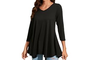Enmain Tunique Femme Longue Grande Taille à Manches 3/4 Chemisier Chic et élégant Col V Tuniques à Motifs Couleur Unie Haut Ample pour Femmes