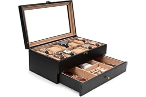 Emfogoo Watch Box - 10 Slot Watch Case for Men Women, 2 Tier Wooden Watch Holder Organizer Display for Mens, Gift For Boyfriend Fathers Day Birthday Gifts (Black)