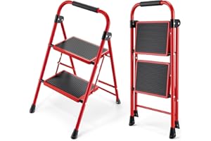 KINGRACK 2 Step Ladder, Folding Ladder with Non-Slip and Wide Pedal, Small Ladder with Handle, Sturdy Steel Step Stool, Lightweight and Portable Step Ladder, Red