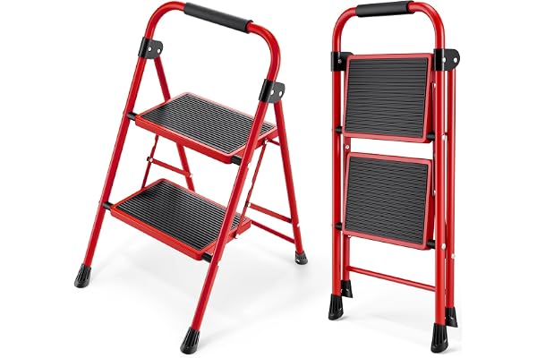 KINGRACK 2-stegsstege, hopfällbar stege med halkfri och bred pedal, liten stege med handtag, robust stålstege, lätt och bärbar stegstege