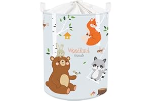 Clastyle 45L Ceste Biancheria Birch Forest Animali Orso Volpi Procione Cestino Portaoggetti Giocattoli Blu Tondo Pieghevole per Camera dei Bambini, 36x45 cm