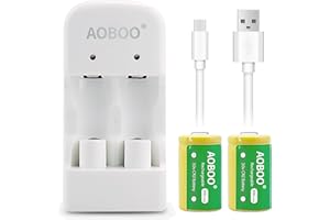 AOBOO Lot de 2 Piles Rechargeables CR2 3V 300 mAh Avec Chargeur USB Pour CR15H270 CR15266 CR15270