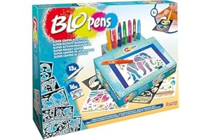 Lansay - BLOPENS - Super Centre d'Activités - Atelier de Dessins et Coloriages Blopens pour Enfants dès 5 Ans - 13 Feutres À Souffler avec Pupitre & 16 Pochoirs & 16 Feuilles de Dessin - Idée Cadeau
