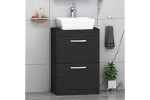 ROYAL BATHROOMS.CO.UK Royal Bathrooms Turin 600mm 2 Drawer Floor Standing Worktop Vanity Unit Hale Black with 480mm Countertop Basin