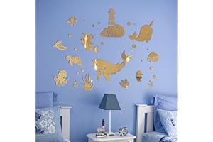 wooshwa Mundo Submarino Ballena 3D Acrílico Pegatinas de Pared Calcomanías de Pared para Dormitorios Infantiles Guardería de Bebés Espejos Decorativos de Pared (Dorado)