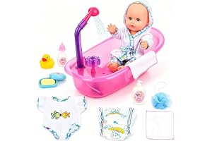 deAO Badlekset för Bebisdocka, 32 cm Bebisdocka och Tillbehör | Docklekset med Badkar, Fungerande Duschtvätt, Badrock, Badleksaker, Rollspelspresenter för Flickor