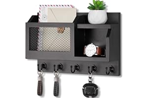 Nekon Key Holder Wall Mount with Mail Slot, 11.8" W x 7.5" H x 3.1" D Modern Farmhouse Key and Mail Organizer with 5 Hooks for Home Decor (Black)