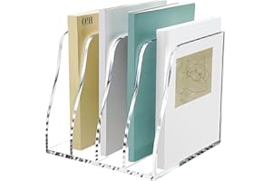 SANRUI Acrylic Desk File Organizer, 4 Vertical Compartments Clear Magazine File Holder Workspace Sorters, Folder Rack for Office Accessories Organization Storage