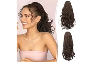 RUWISS Doble Uso Clip en Extensión Cola de Caballo Largo Ondulado Rizado Coleta Postiza Sintética Ponytail Postizos con Pinza de Aspecto Natural para Mujeres Uso Diario 45cm,Marrón Castaño