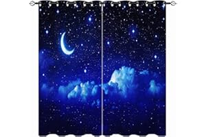 ‎YUANZU YUANZU Sternen Mond Vorhänge Sommer Blauer Nachthimmel Ösen Gardinen mit Blickdichte Vorhang Kälteschutz Blackout Curtain Kinderzimmer Schlafzimmer Verdunkelung Fenster, 2 Stück, H 213 x B 200 cm