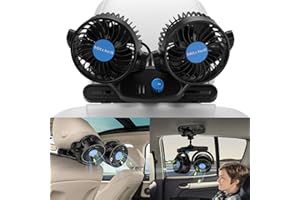 zerotop 12V Auto-Ventilator, 360 Grad Drehbar Elektrischer Auto-Ventilator für Rücksitz, 2 Geschwindigkeiten Doppelkopf Auto-Kühlung Luftventilator mit 2 USB-Buchsen und 2 Clips Leistungsstarker